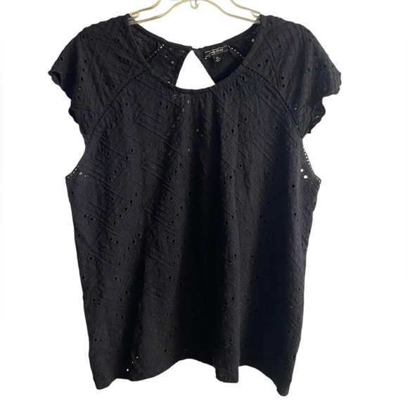 Lucky Brand blouse pop over eyelet embroidered black cap sleeves XL - Picture 1 of 8